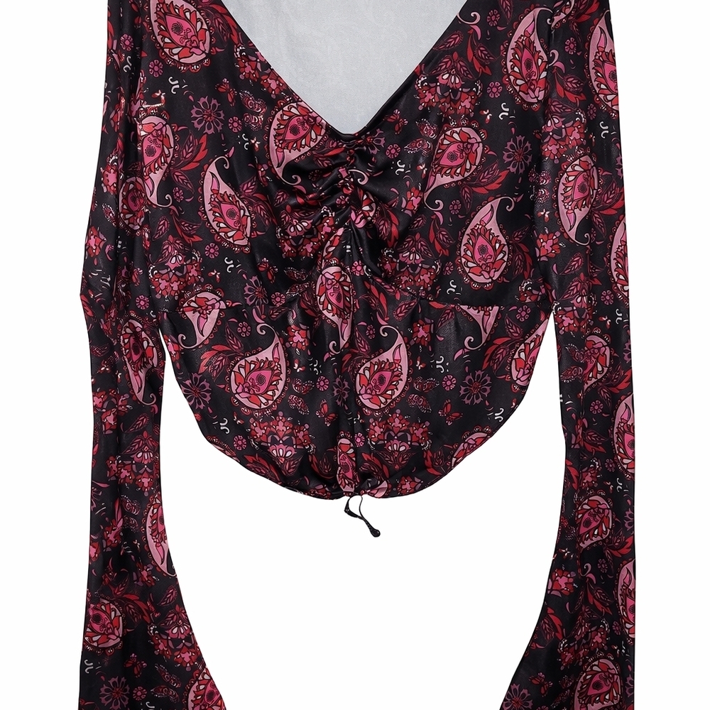 Pink Paisley Drawstring Crop Top
